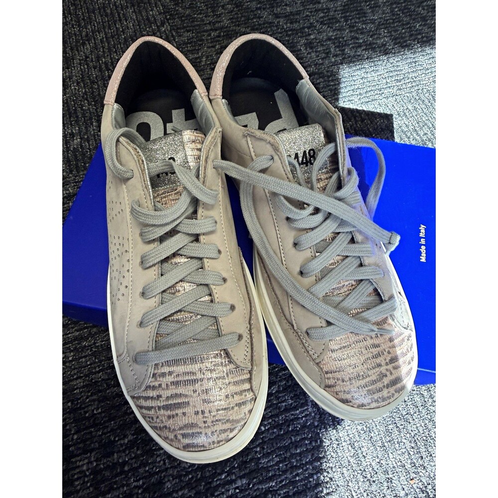 P448 women’s Gray Silver Pink Low Top Lace-Up Sneakers US 7.5 EU 38
